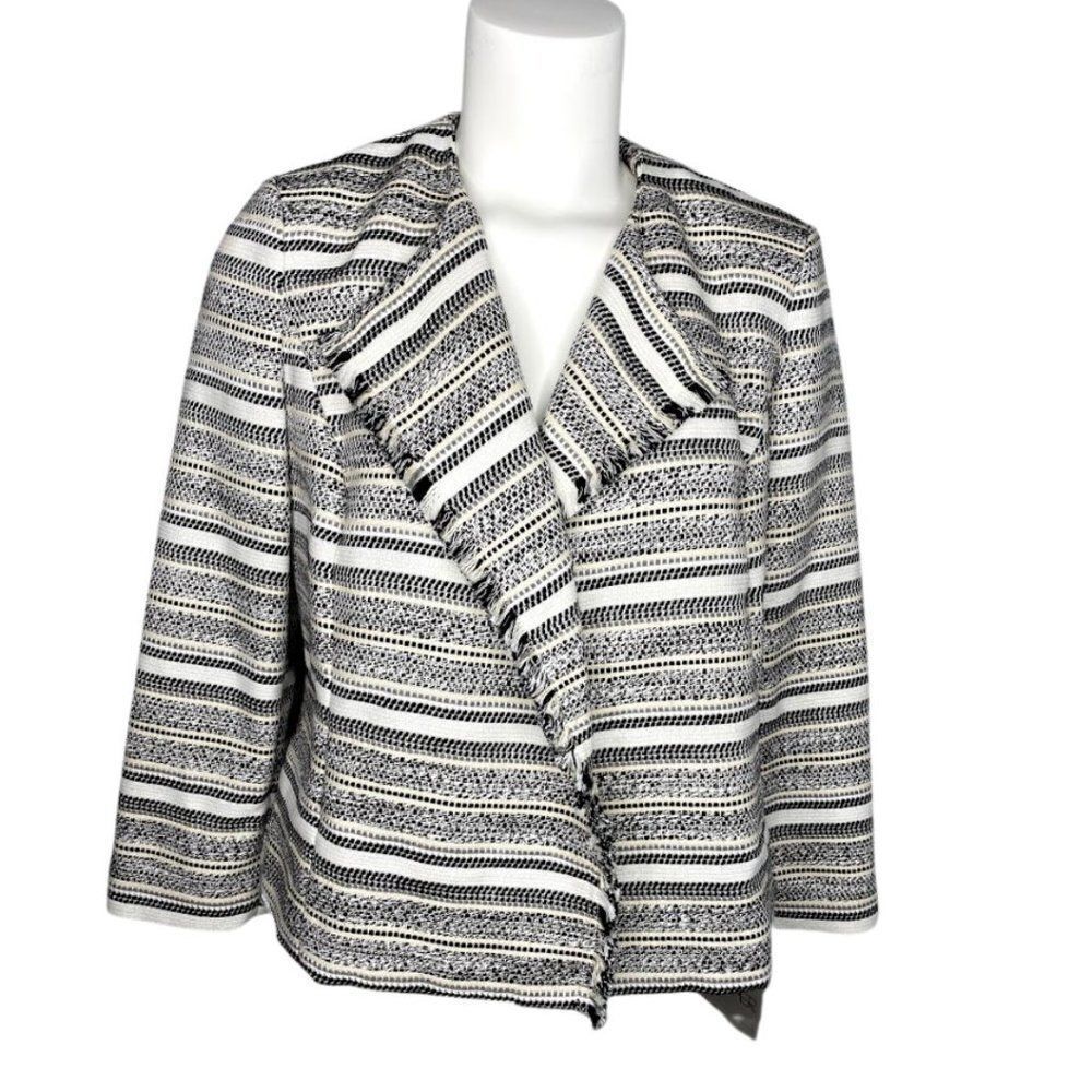 Kasper Blazer Jacket Petite Small Black White Women's Tweed‎ Jacquard Fringe NEW